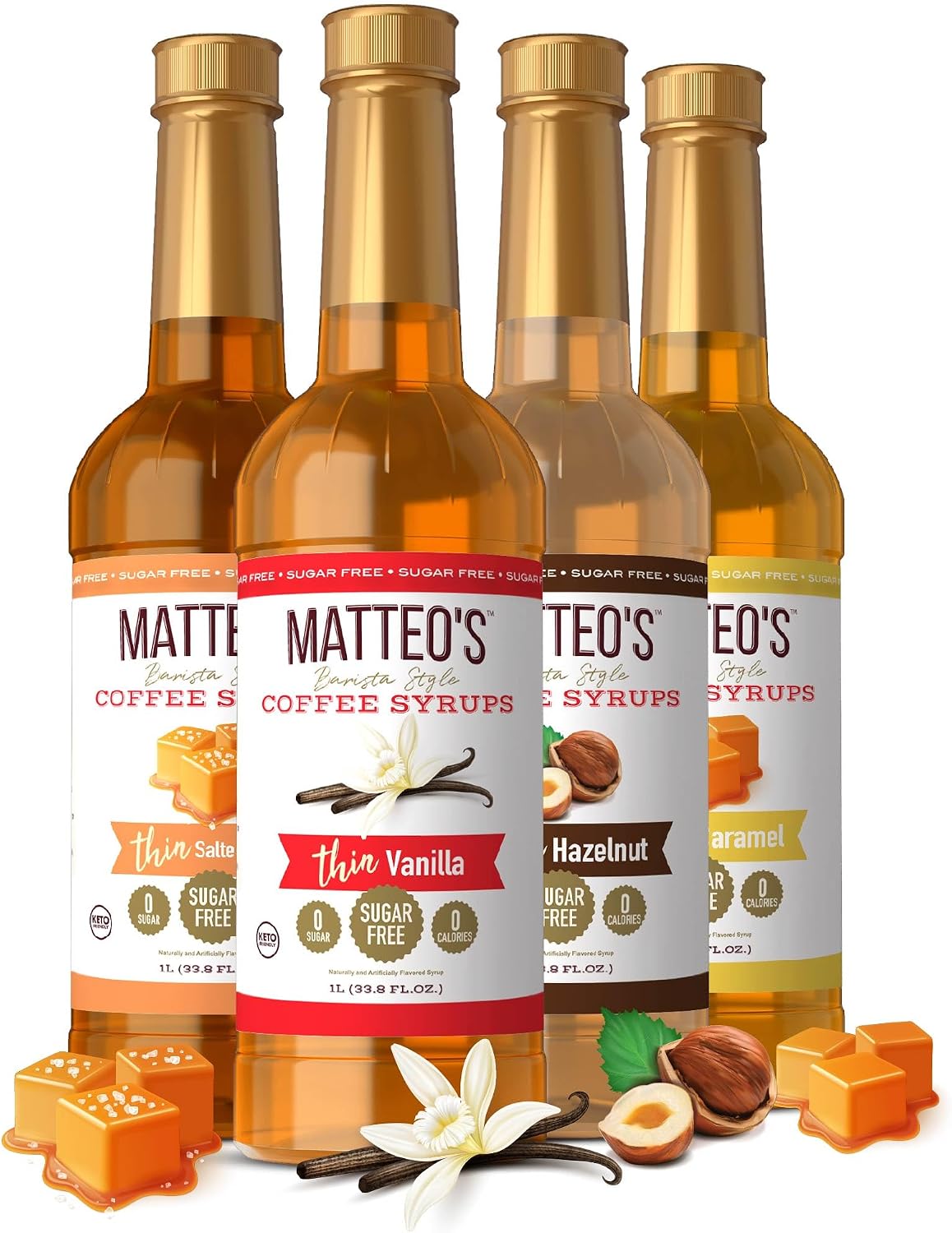 Matteo's Sugar Free Coffee Syrups - Zero Sugar Flavor Syrup, Barista Style Variety Pack of Coffee Flavoring Syrups, 0 Calorie, Keto-Friendly, Salted Caramel, Vanilla, Hazelnut, Caramel, 33.8oz, 4 Pack
