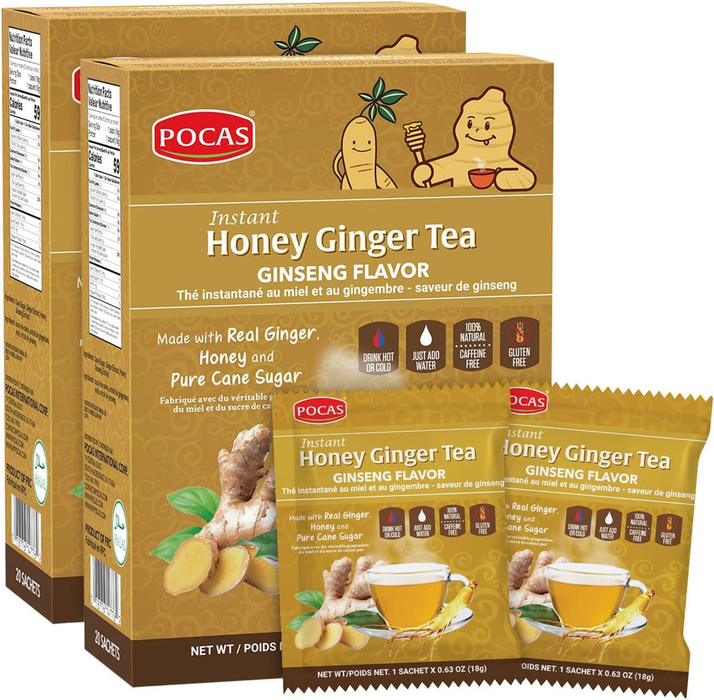 Pocas Honey Ginger Instant Tea Powder 2-Pack with Ginseng Flavor, Real Ginger Extract & Sweetener, Caffeine-Free Tea, 20 Packets