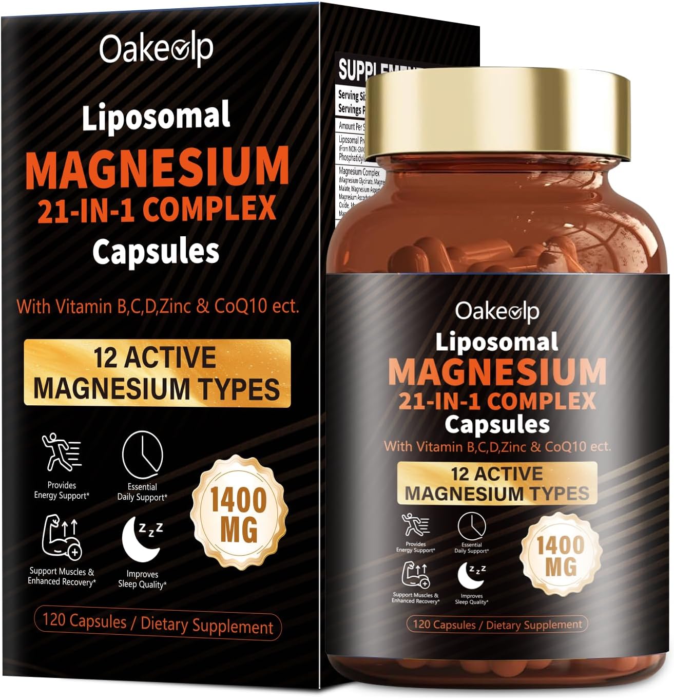 21 in 1 Liposomal 12 Active Types Magnesium Complex 1400mg (Glycinate,Citrate,Malate etc) Capsule -with Vitamin D3, B6, B12, Ashwagandha & CoQ10 for Adult-Support Relaxation,Muscle & Heart