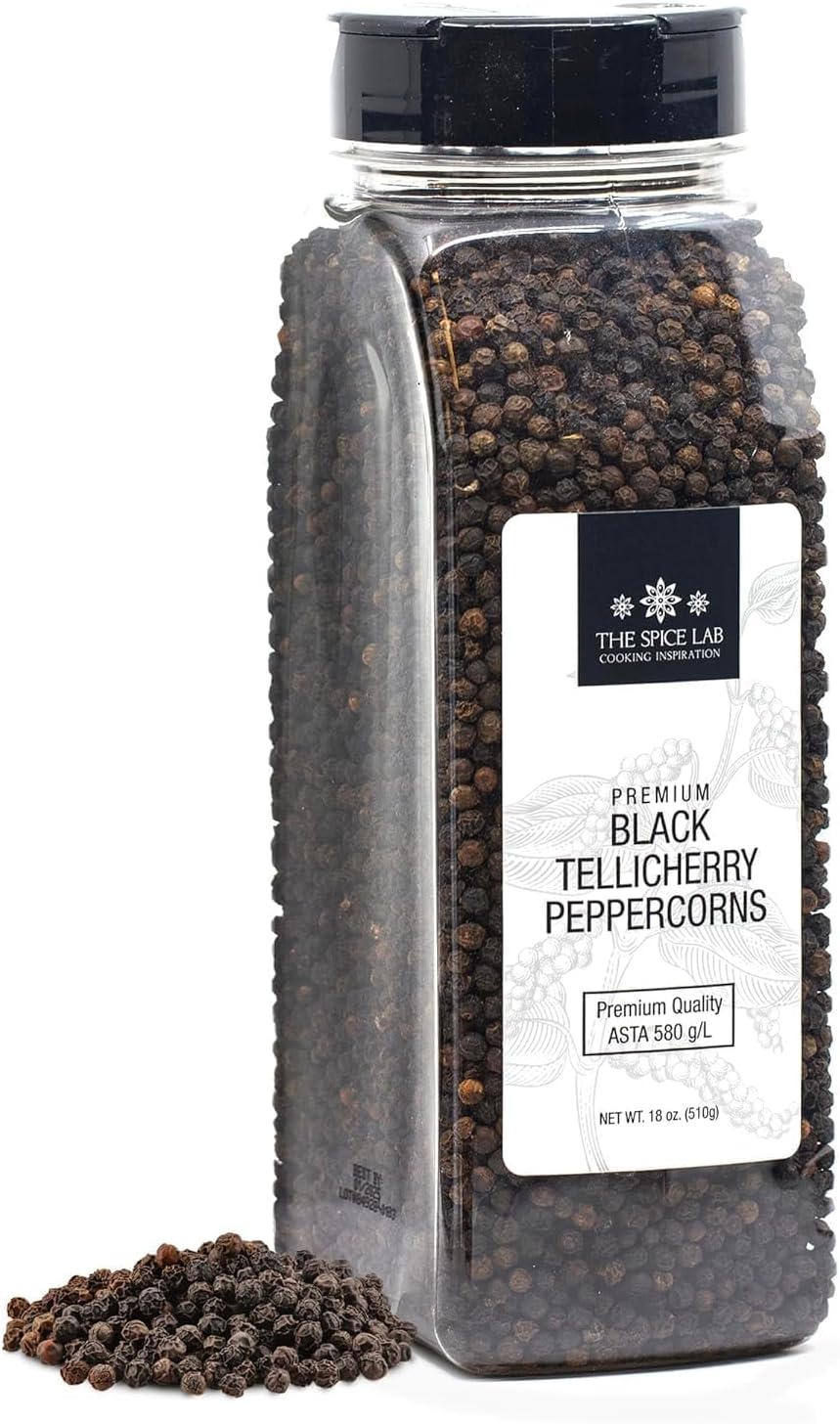 The Spice Lab Black Tellicherry Peppercorns for Grinder Packed in the USA - Steam Sterilized Kosher Non-GMO All Natural Black Pepper 5015 (18 Oz)
