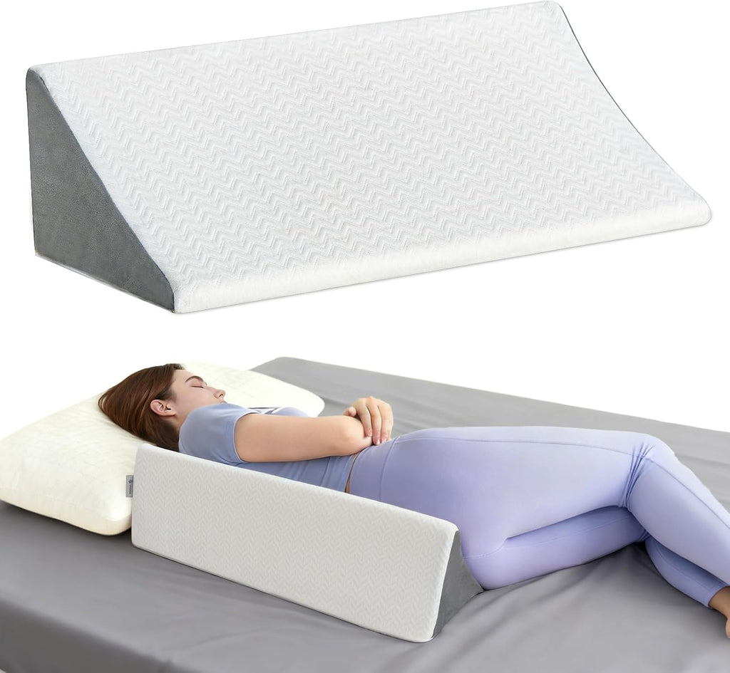 Vekkia Wedge Pillow for Side Sleeping, Ergonomic Back Support Pillow with High-Density Foam for Pregnancy Support, Back Pain, Preventing Bedsores, Surgery Recovery, Removable Cover, White/Gray
