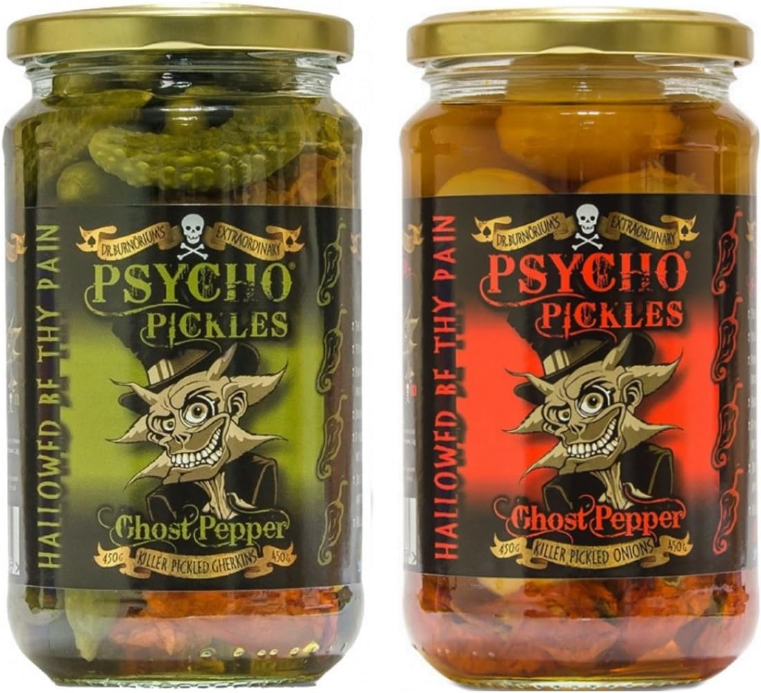 Psycho Pickles Combo - Ghost Pepper Pickled Onions And Ghost Pepper Pickled Gherkins