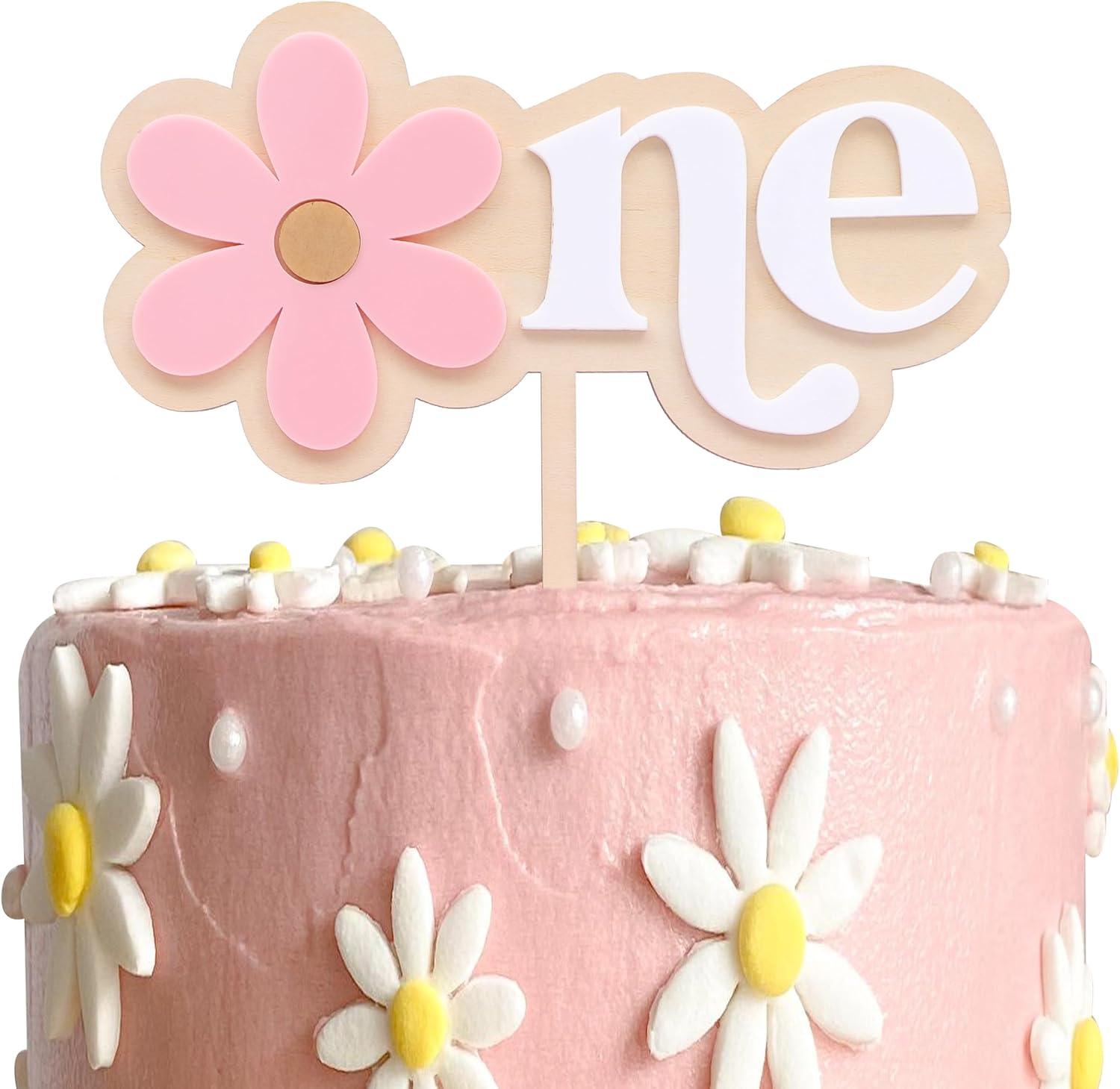 Pink Daisy Wooden Cake Topper - Flower Sweet One Birthday Decorations,Bohemian Daisy 1st Birthday Cake Topper,Groovy Daisy Smash Cake Decoration,Daisy Princess First Birthday Party Photo Prop