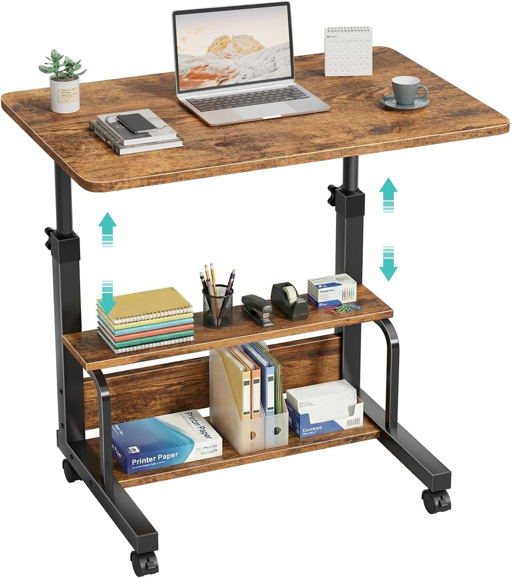 WINAZ C Shaped Rolling Laptop Desk - 32" Rustic Brown Mobile Portable Small Desk with Wheels for Small Spaces, Height Adjustable Overbed Table with 2-Tier Storage Shelves