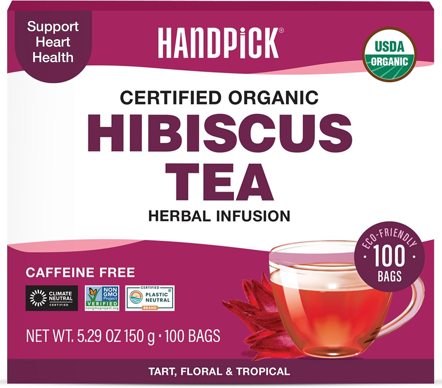 HANDPICK, Organic Hibiscus Tea Bags (100 Tea Bags) | Caffeine-Free, 100% Natural Pure Indian Hibiscus Flowers
