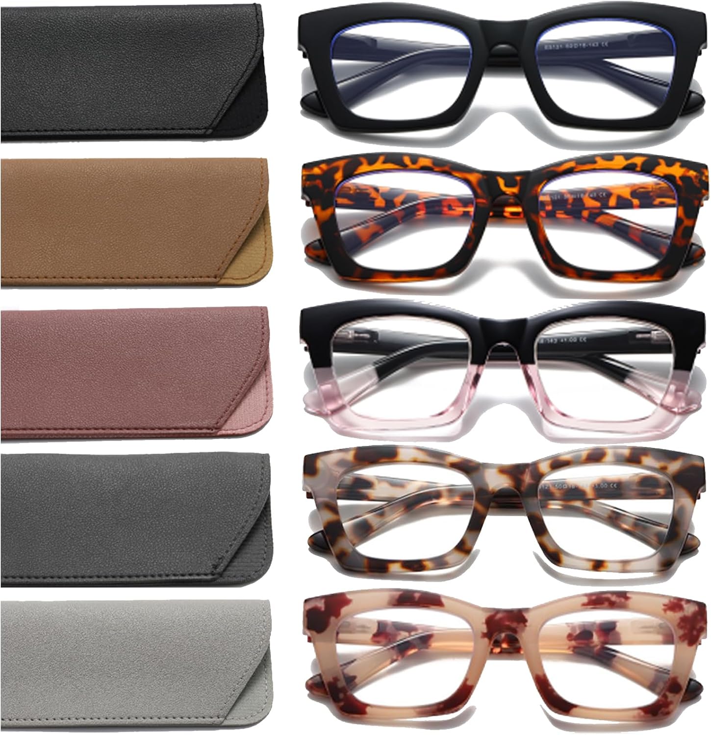 Hubeye 5 Pairs Fashion Style Square Reading Glasses for Women Men Blue Light Blocking Computer Readers with leather case