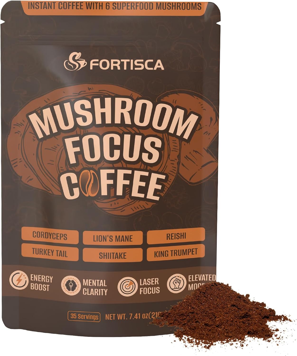 FORTISCA Mushroom Coffee, 6-in-1 Instant Mushroom Coffee Blend with Cordyceps, Reishi, Lion’s Mane, Turkey Tail, Shiitake & King Trumpet, Smooth Low-Acid Coffee for Balanced Energy & Focus, 210g