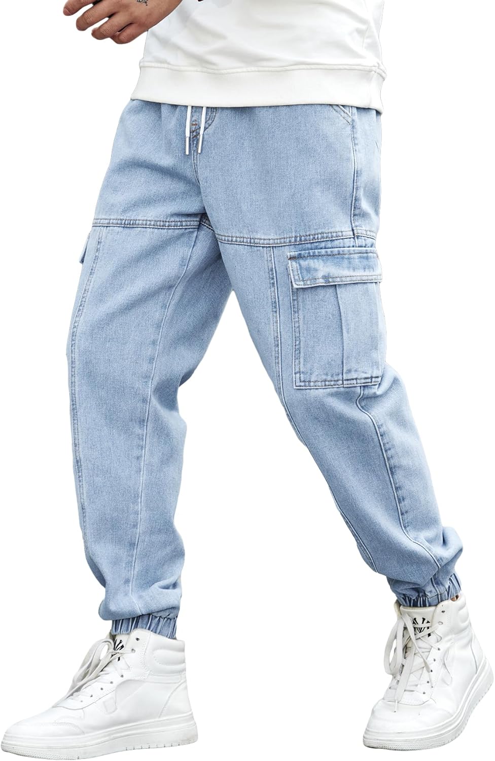 OYOANGLE Men's Drawstring Waist Flap Pocket Jogger Cargo Pants Carrot Denim Jeans with Pocket