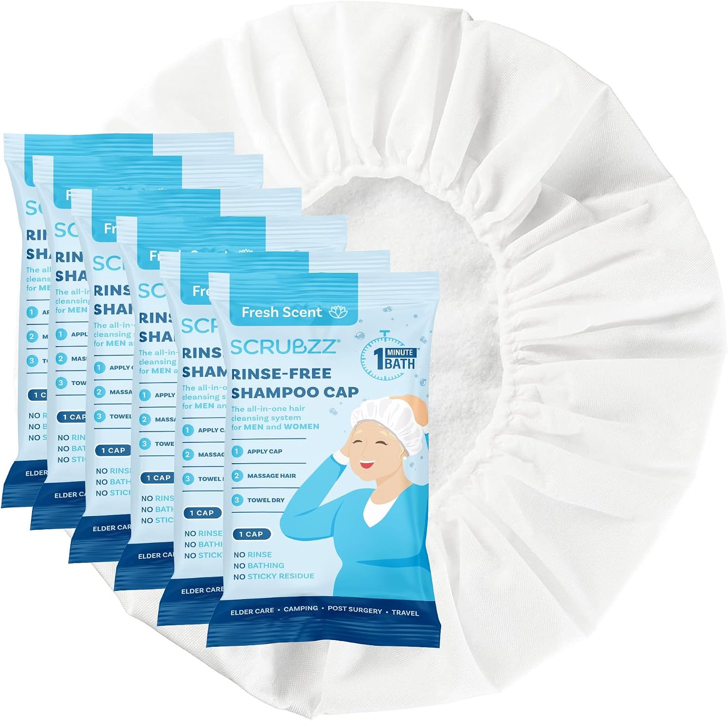 Scrubzz Shampoo Caps No Rinse for Elderly and Bedridden Patients, Rinse Free Shampoo Caps for Post Surgery and Hospital Stays, Waterless Hair Washing Shower Caps - 6 Pack