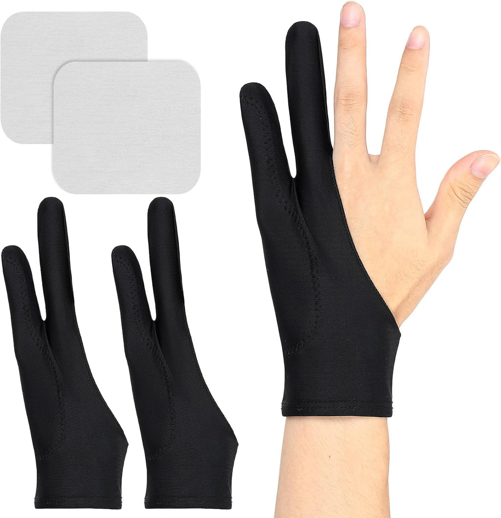 2 Pack Digital Drawing Glove, 3-Layer Palm Rejection Two-Finger Artist Glove Fits Left Right Hand for Art Graphic Tablet Paper Sketching Painting, Includes 2 Cleaning Cloth