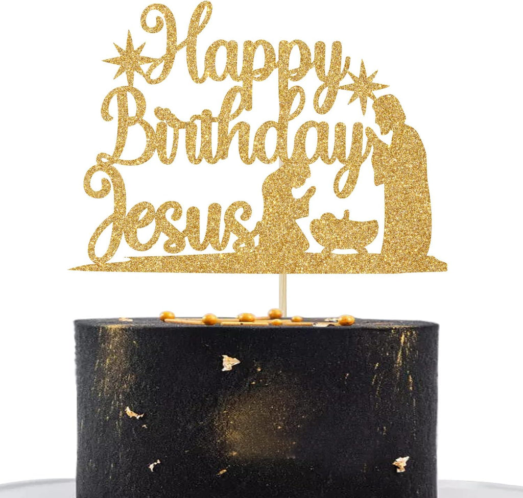 Happy Birthday Jesus Cake Topper, Jesus is Reason Cake Decor, Jesus Birthday Christmas Party Decorations Supplies Gold Glitter