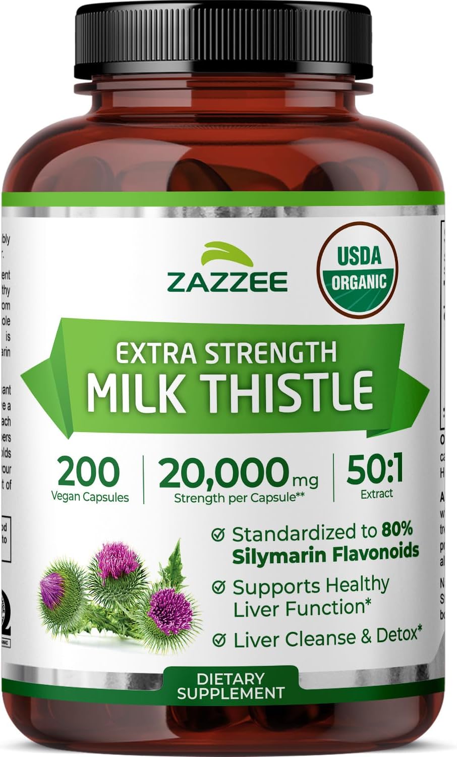 Zazzee USDA Organic Milk Thistle 50:1 Extract, 80% Silymarin Flavonoids, 200 Vegan Capsules, 6+ Month Supply, Silybum Marianum, Liver Support & Detox Support, Organic All-Natural, Non-GMO, Made in USA