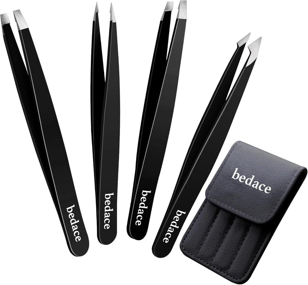 Tweezers for Women Facial Hair,Stocking Stuffers Birthday Gifts 4 Pack Tweezers for Eyebrows,Tweezer Set for Ingrown Hair, Plucking Daily Beauty Tool with Leather Travel Case