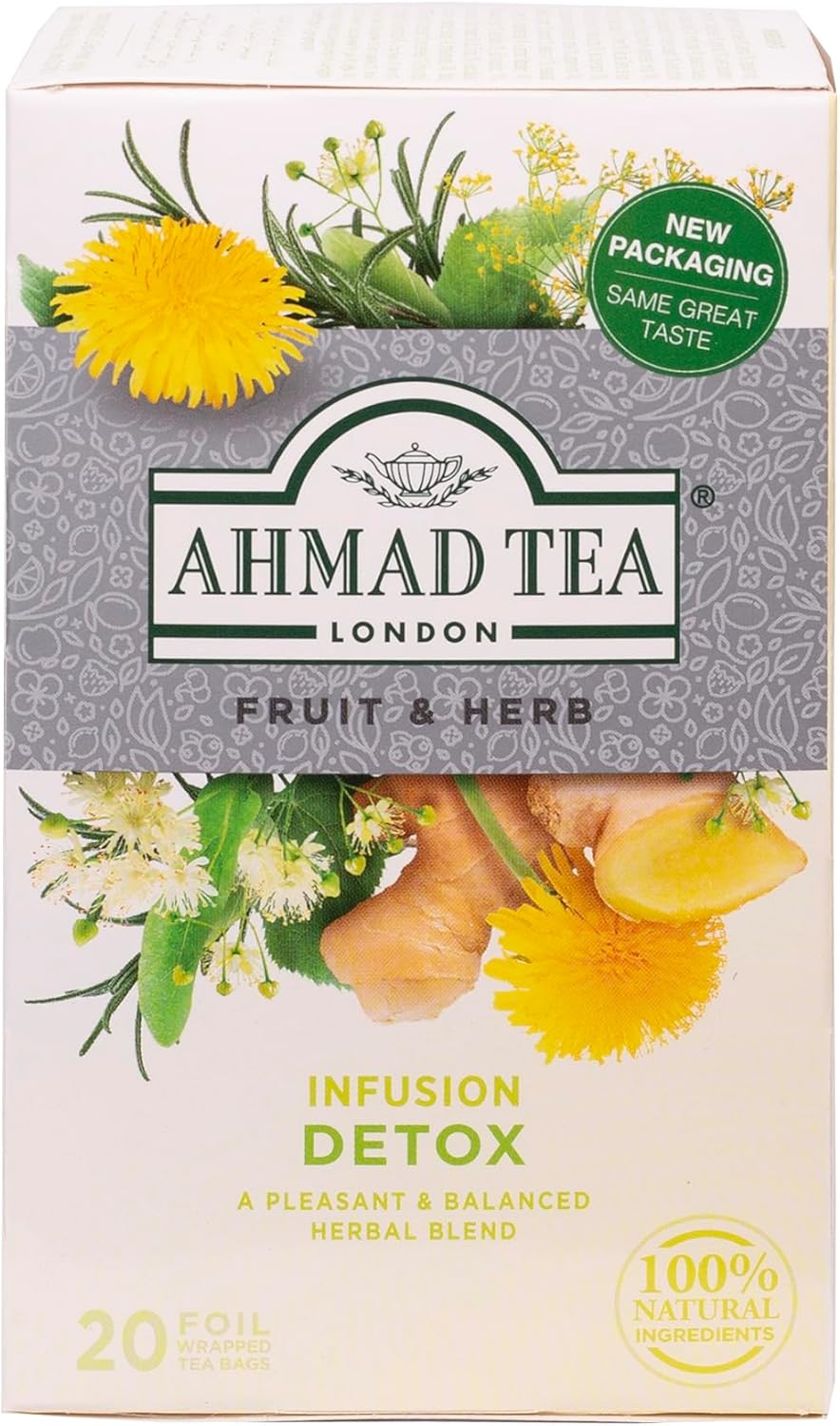 Ahmad Tea Herbal Tea, Ginger, Peppermint, Fennel, Dandelion, & Birch 'Detox' Teabags, 20 ct (Pack of 6) - Decaffeinated & Sugar-Free
