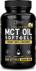 Zeal Naturals Pure MCT Oil Capsules - 3000mg, 360 Softgels |C10, C8 MCT Oil Unrefined Coconut | Energy Support & Brain Fuel Supplement | Gluten-Free