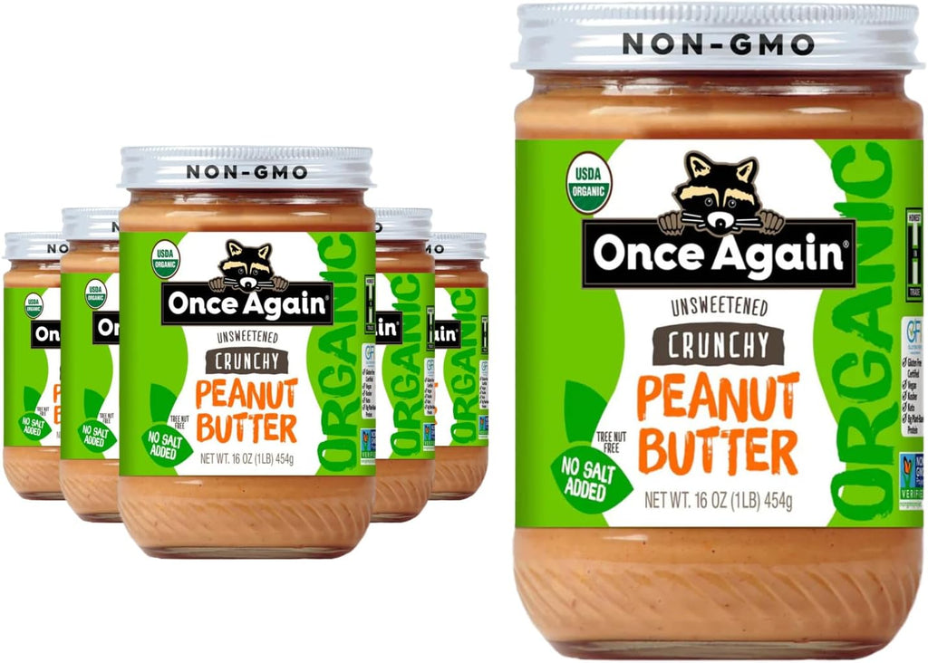 Once Again Organic Crunchy Peanut Butter No Sugar Added - Single Ingredient, Unsalted, Natural Peanut Butter No Palm Oil - Glass Jar, Non-GMO, Gluten Free - Chunky, Unsweetened - 6 Jars, 16 oz