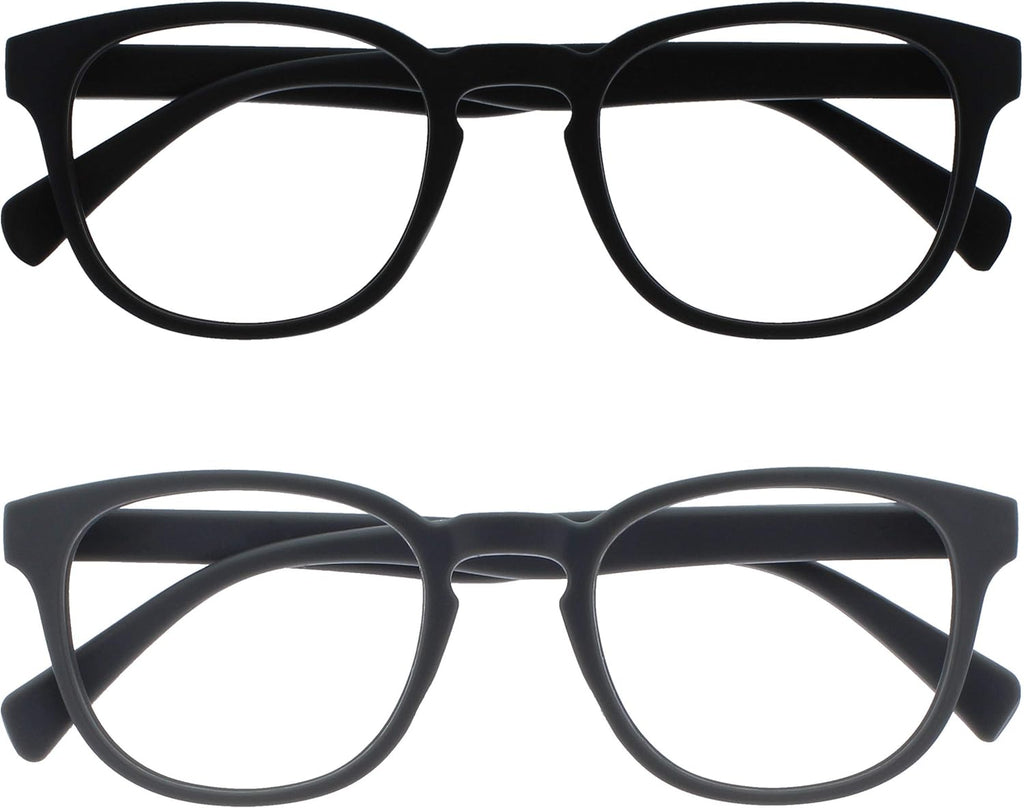 OPULIZE POP Reading Glasses for Women Men,Scratch Resistant Round Matt Frame with Spring Hinges, Black, Grey +1.50 (Pack of 2)