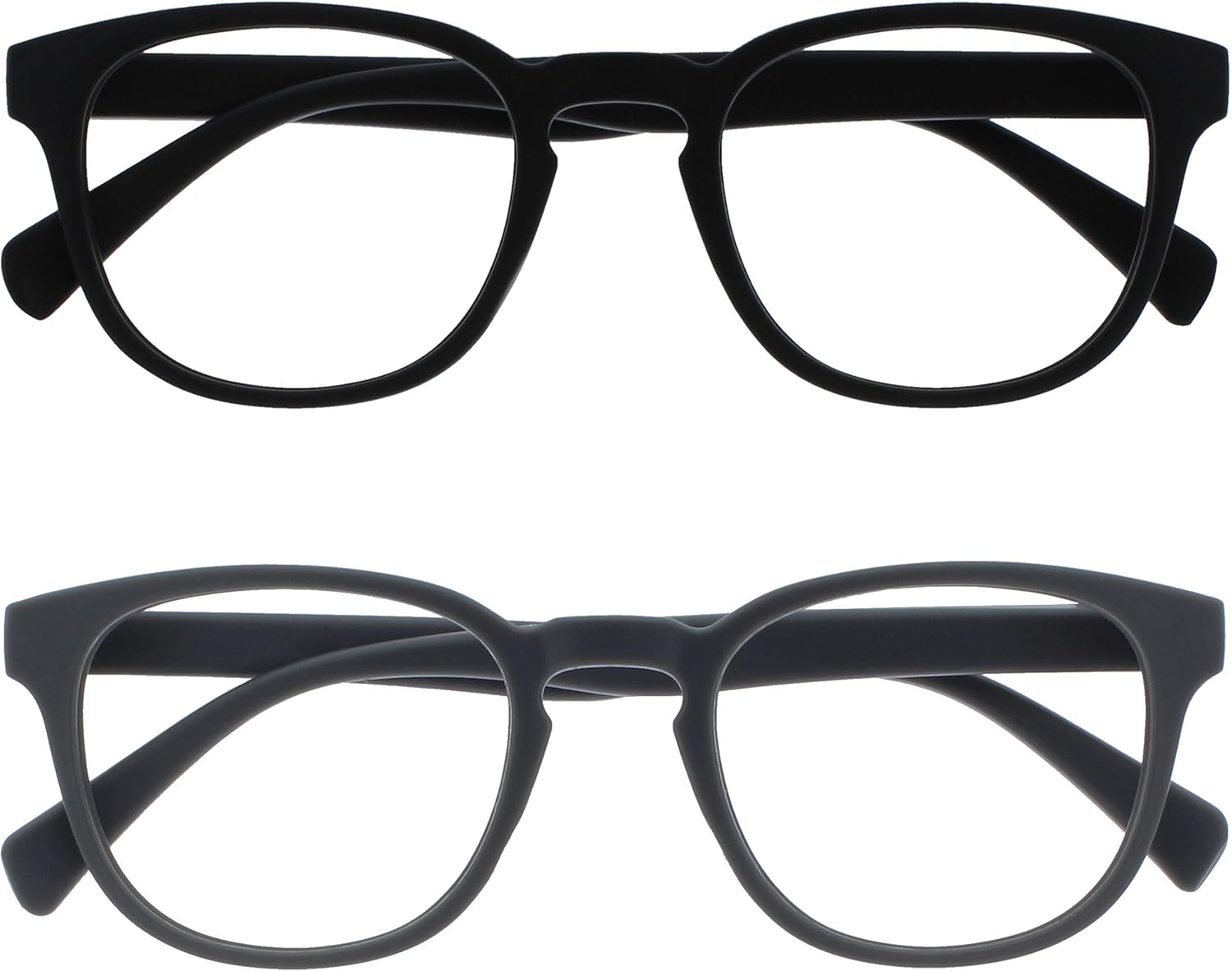 OPULIZE POP Reading Glasses for Women Men,Scratch Resistant Round Matt Frame with Spring Hinges, Black, Grey +1.50 (Pack of 2)