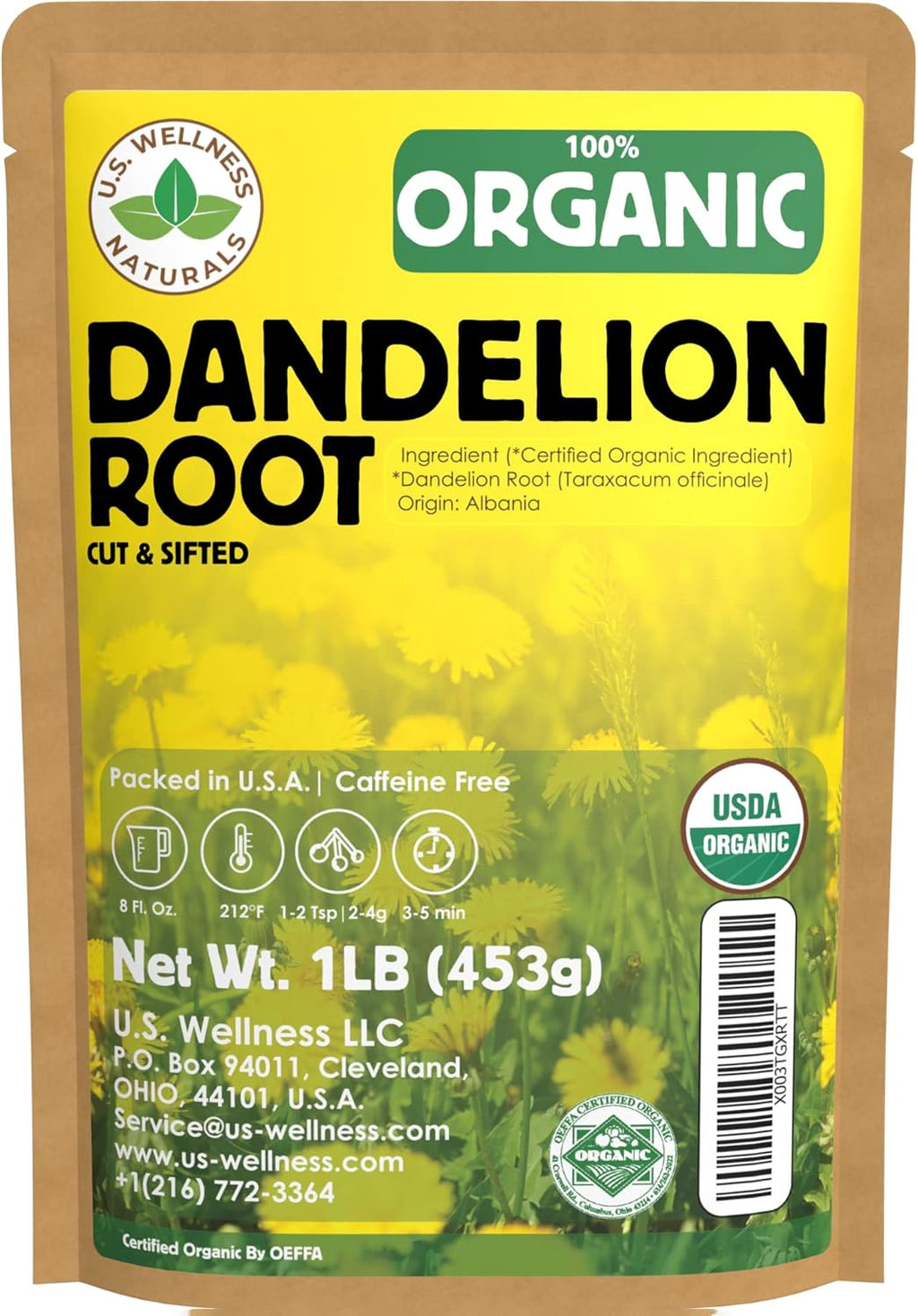 Dandelion Root Tea 1LB (16Oz) | 100% Certified Organic | Loose Dandelion Root Tea (200+ Cups) Cut and Sifted| 100% Raw Albanian Harvest | by U.S. Wellness Naturals