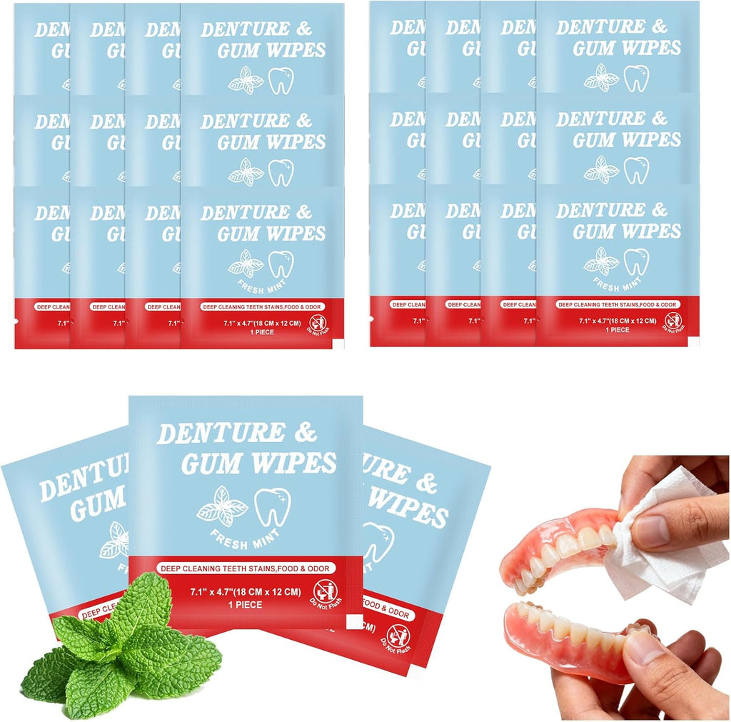 Denture Cleaner Wipes Disposable Teeth Gum Retainer Wipe Oral Care, Tooth Gums Cleaning Dental Dentures Tablets, Denture Adhesive Food Debris Braces Stain Odor Remover for Adults Elderly Mint 100 Pcs