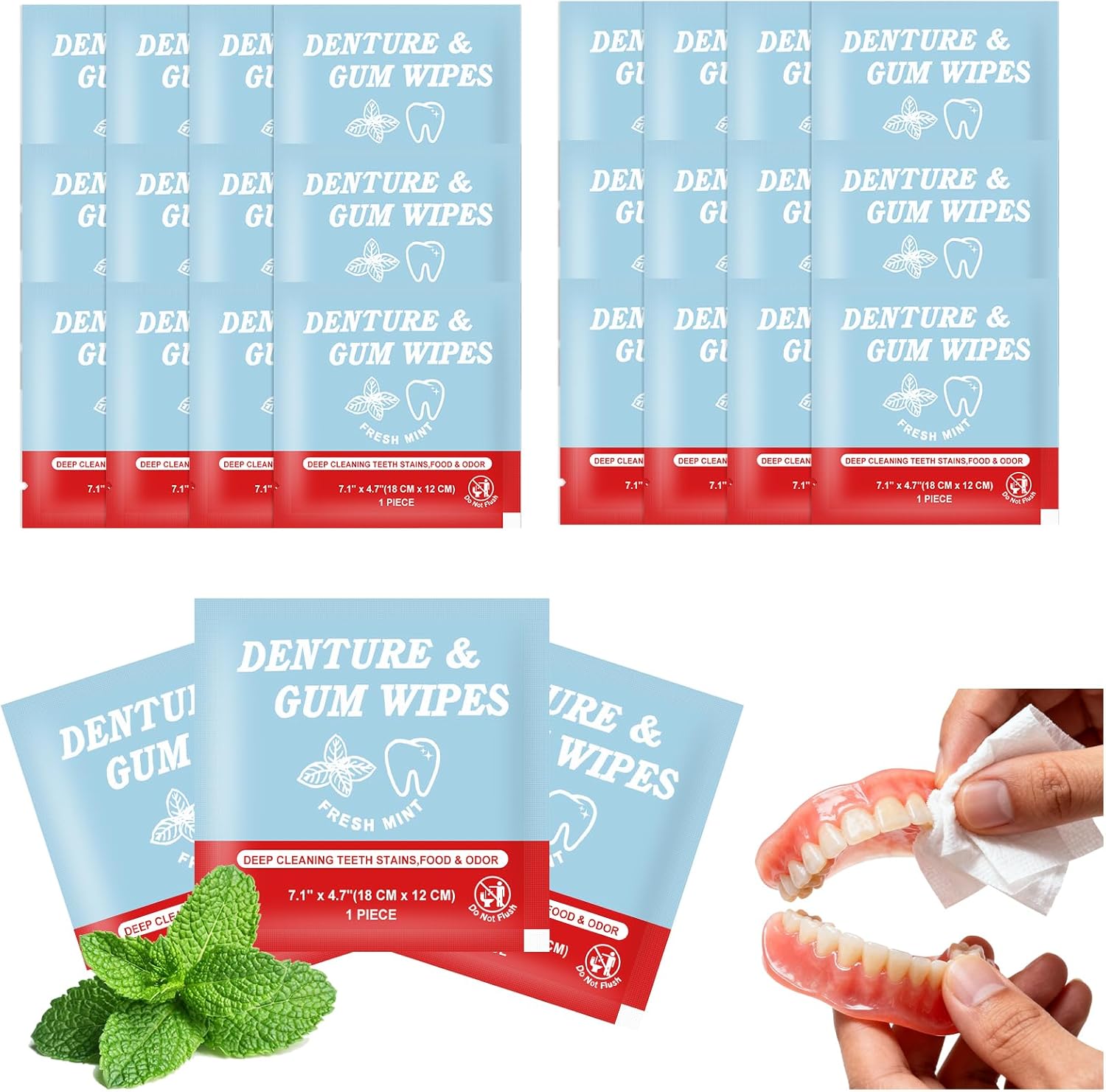 Denture Cleaner Wipes Disposable Teeth Gum Retainer Wipe Oral Care, Tooth Gums Cleaning Dental Dentures Tablets, Denture Adhesive Food Debris Braces Stain Odor Remover for Adults Elderly Mint 100 Pcs