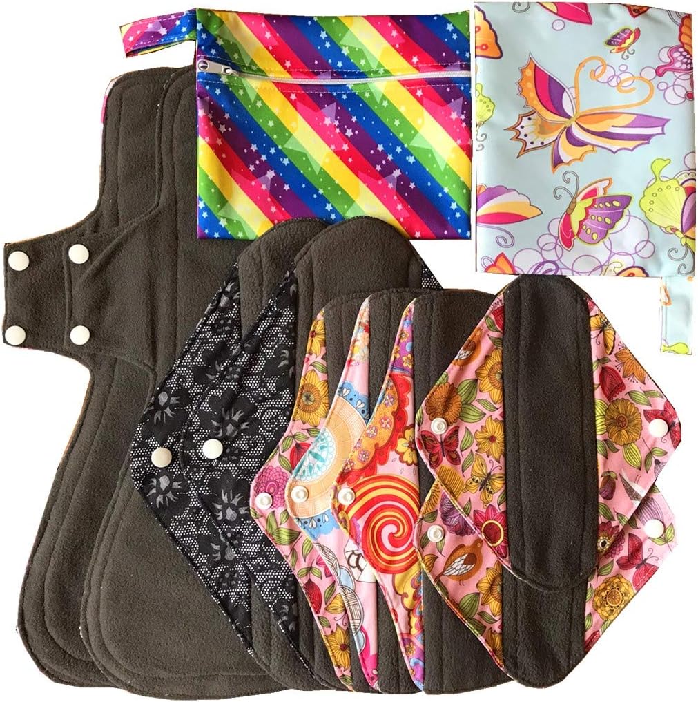 MUMBABY 11pcs Set 2pc Mini Wet Bag +2@8inch +3@10inch +2@12inch + 2@16inch Charcoal Bamboo Mama Cloth/Menstrual Pads/Reusable Sanitary Pads
