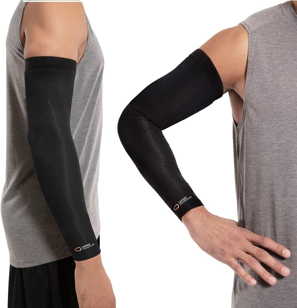 Copper Compression Arm Sleeve - Copper Infused Full Arm Brace for Forearm, Bicep, Triceps - Tennis Elbow, Basketball, Golf, Arthritis, Tendonitis, Bursitis, Post Surgery Rehab - Odor Resistant - Black - M