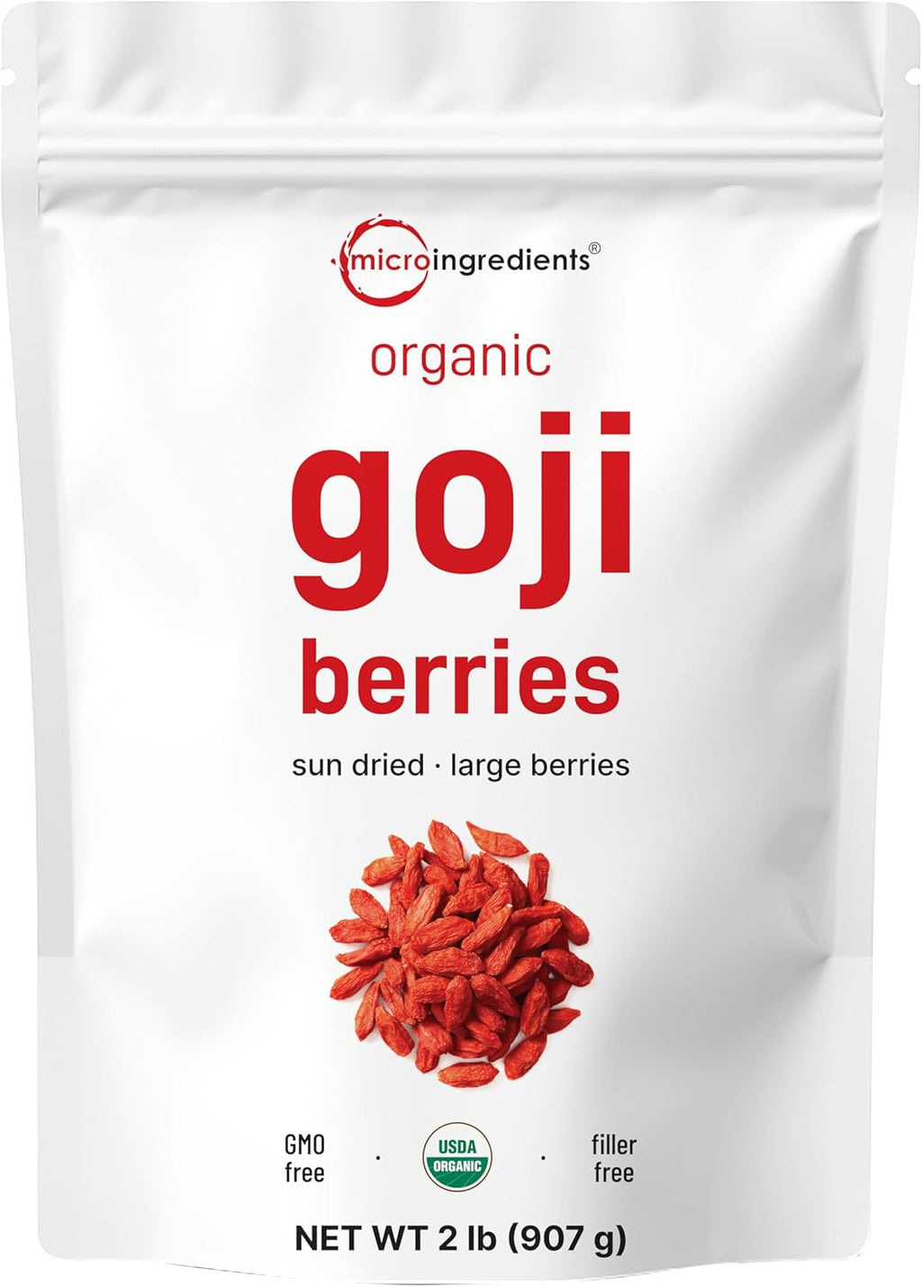 Micro Ingredients Organic Goji Berries 2lbs (32oz) | Large Whole Sun-Dried Berries | Raw Superfood Wolfberries | Natural Flavor for Trail Mix, Juice, & Tea | Sulfate Free, Vegan Friendly, Non-GMO