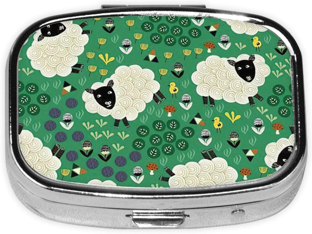 Cute Cartoon Sheep Print Square Metal Pill Box Decorative Pill Case - Carry Your Meds in Style (Rectangular)