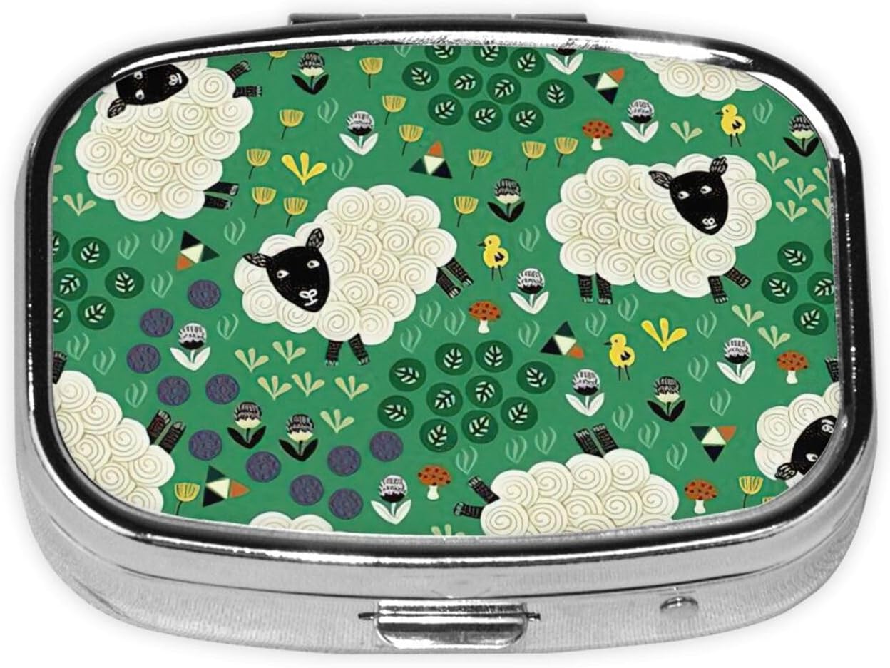 Cute Cartoon Sheep Print Square Metal Pill Box Decorative Pill Case - Carry Your Meds in Style (Rectangular)