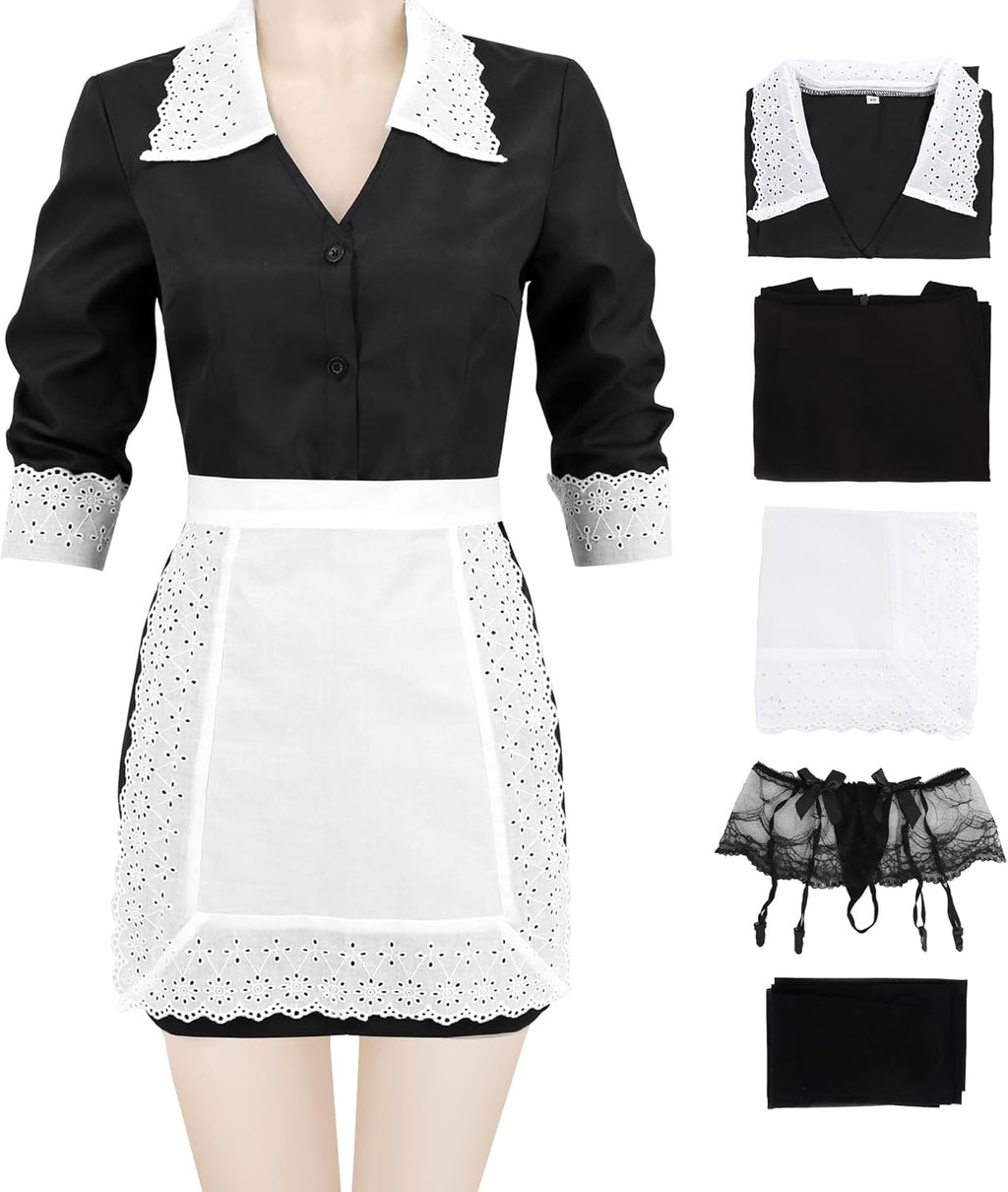 FURPHI US Size French Maid Cosplay Costume Women's Apron Dress Outfits for Christmas Halloween