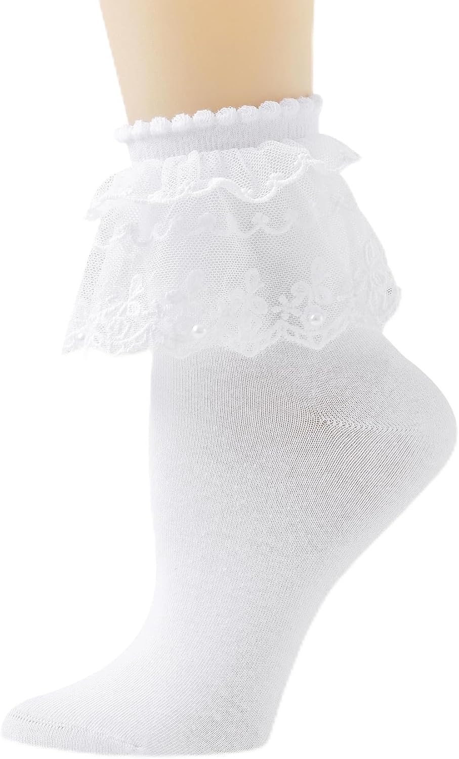 Women Lace Ruffle Frilly Ankle Socks with Pearl Lace