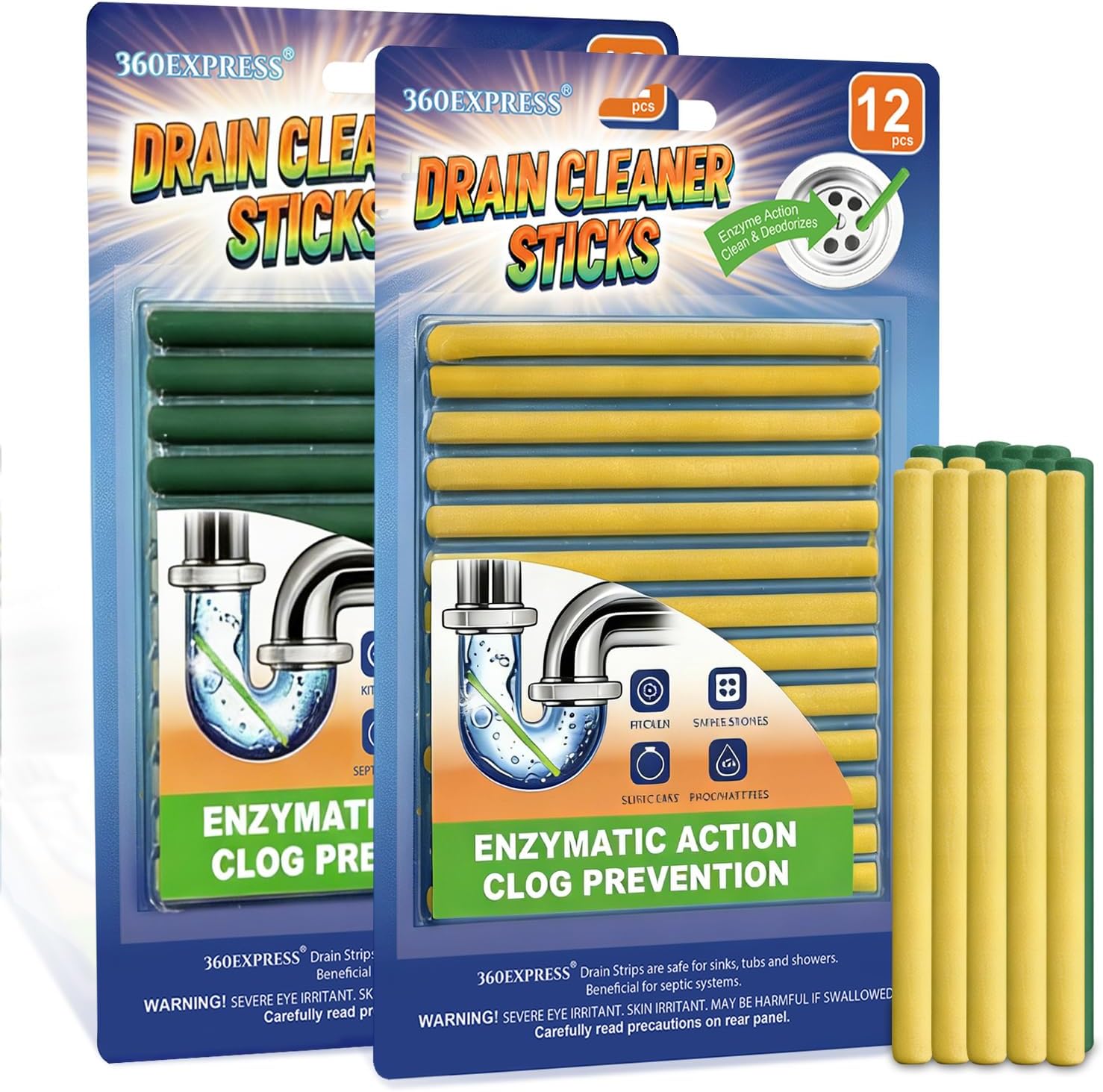 Drain Cleaner and Deodorizer Sticks, 24 Pcs Enzyme Drain Sticks - Natural Clog Remover & Odor Eliminator, Prevent Clogged Drains Year-Round in Kitchen, Bathroom, Shower & Toilet
