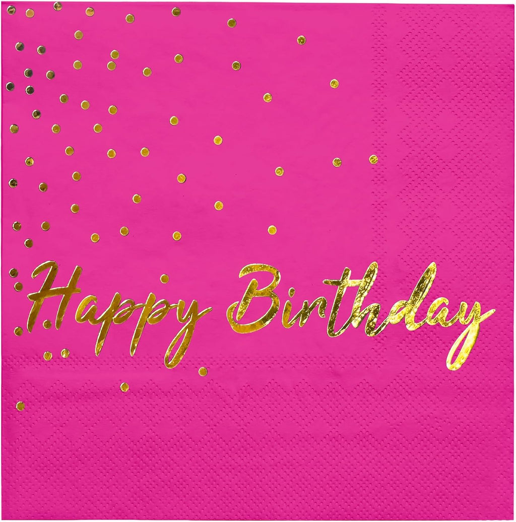 WRAPAHOLIC 25Pcs Dot Birthday Cocktail Napkins - 3-Ply Hot Pink Gold Foil Happy Birthday Lettering and Dot Disposable Paper Napkins for Baby Shower Party Tableware Party Supplies - 5 x 5 In