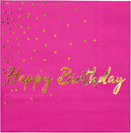 WRAPAHOLIC 25Pcs Dot Birthday Cocktail Napkins - 3-Ply Hot Pink Gold Foil Happy Birthday Lettering and Dot Disposable Paper Napkins for Baby Shower Party Tableware Party Supplies - 5 x 5 In