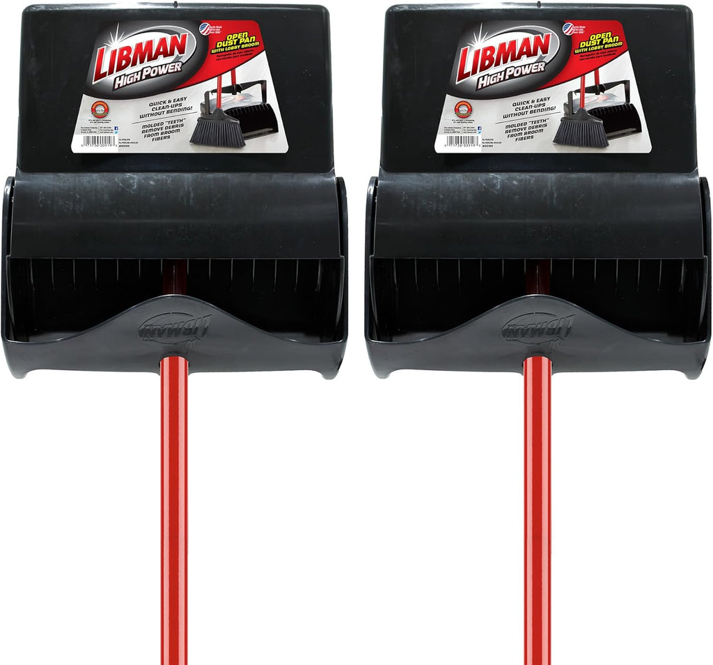 Libman Commercial 919 Lobby Dust Pan and Broom Set (Open Lid), 41" Length, 12" Width, Black/Red (Pack of 2)