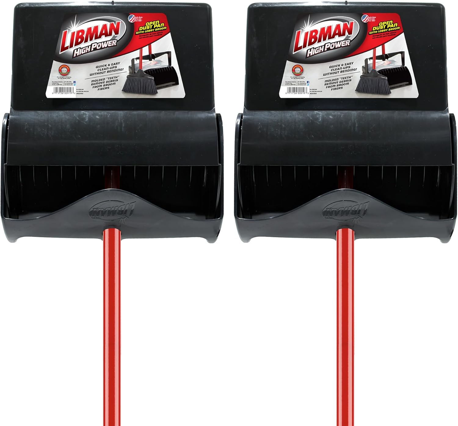 Libman Commercial 919 Lobby Dust Pan and Broom Set (Open Lid), 41" Length, 12" Width, Black/Red (Pack of 2)
