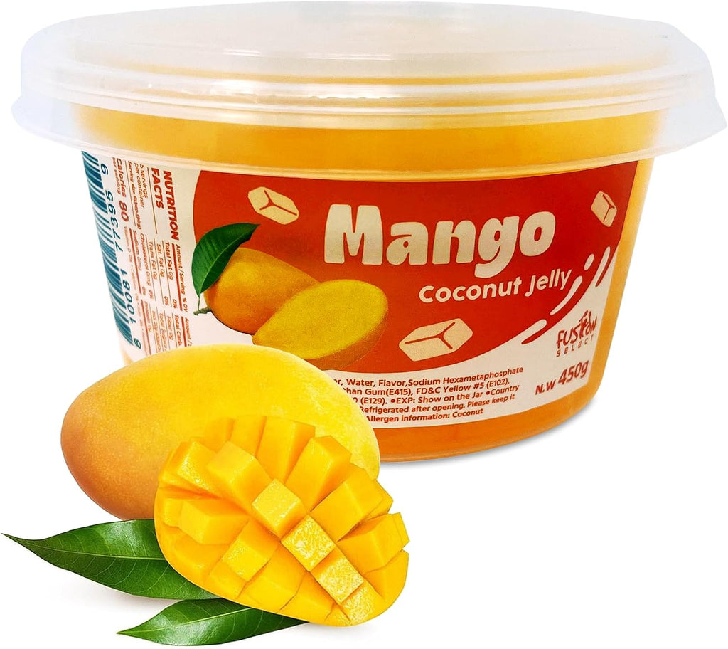 Fusion Select Mango Jelly - Fruity Coconut Gel Snacks & Drinks - Toppings or Add-Ons for Bubble Teas, Yogurt, Ice Cream, Desserts, Snow Fluff - Fruit-Flavored Jellies - Made in Taiwan