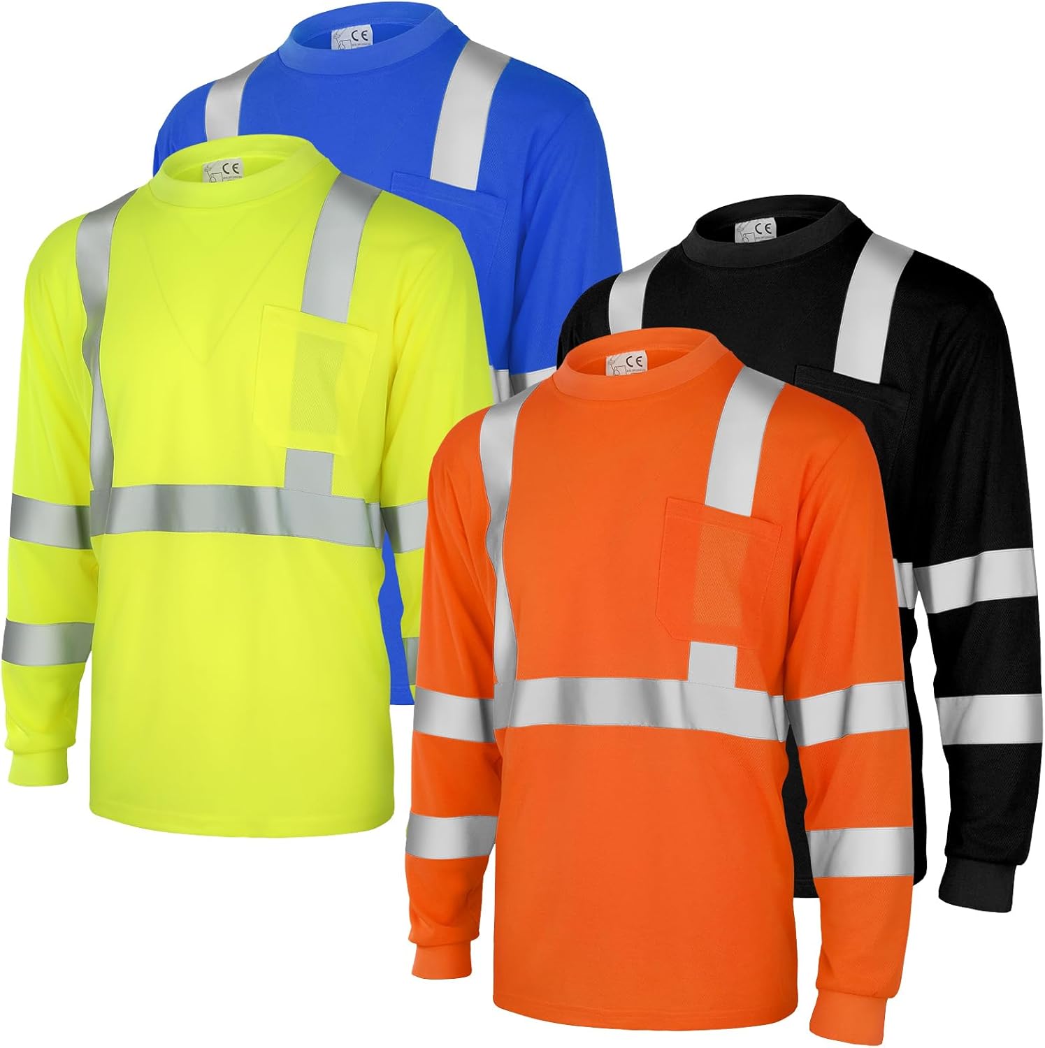 Amylove 4 Pcs Long Sleeve Safety Shirt High Visibility Reflective Construction Work Shirts for Men Women(XXXL,Yellow, Orange, Black, Blue)