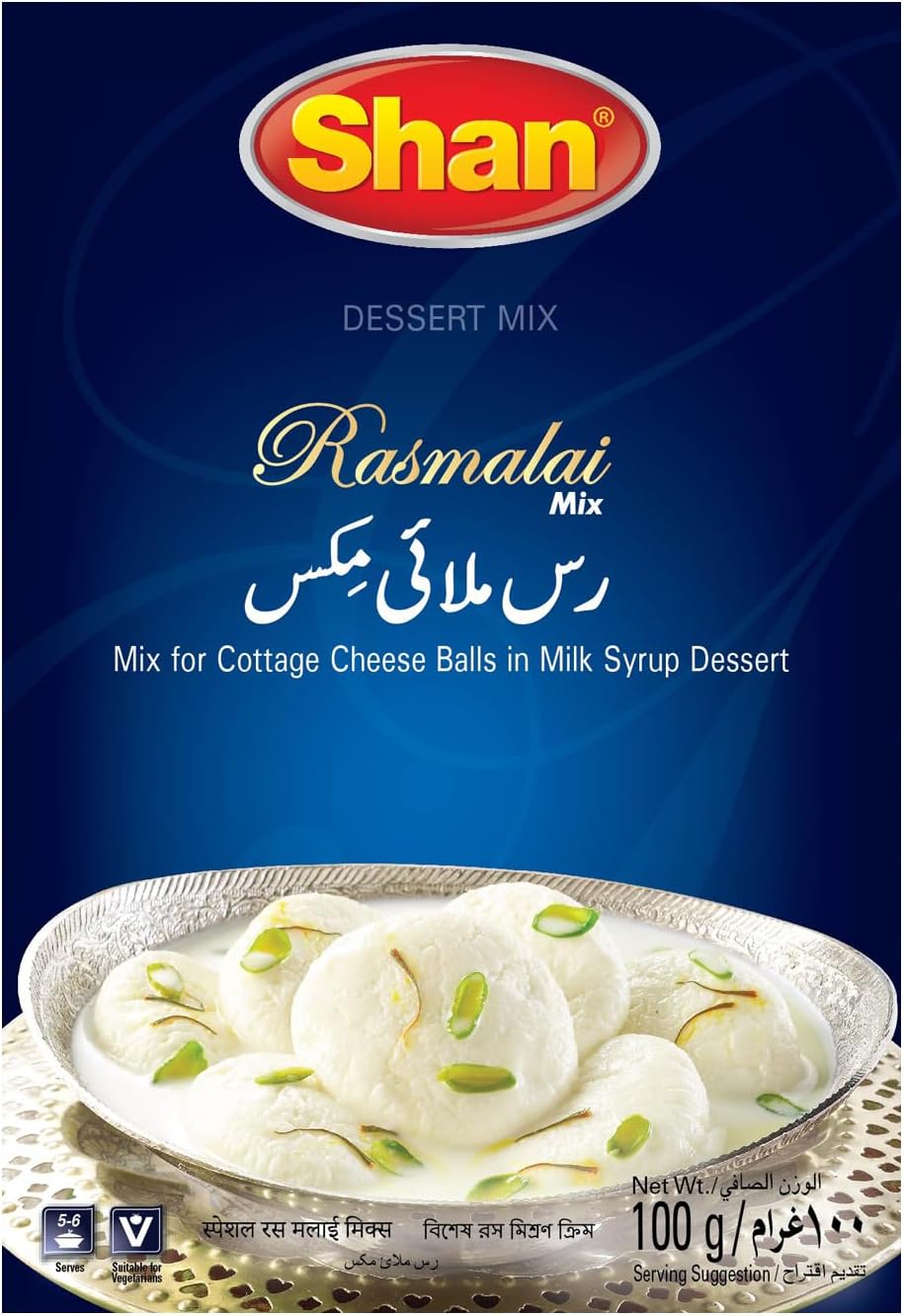 Shan Special Rasmalai Traditional Dessert Mix 3.5 oz (100g) - Powder for Cottage Cheese Balls in Milk Syrup - Suitable for Vegetarians - Airtight Bag in a Box