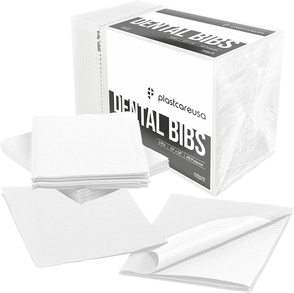 PlastCare USA Disposable Dental Bibs 13"x18" - 3 Ply Waterproof Tattoo Bib Sheet for Patients - Dentist or Medical Tray Cover and Nail Table Cover Supplies, White