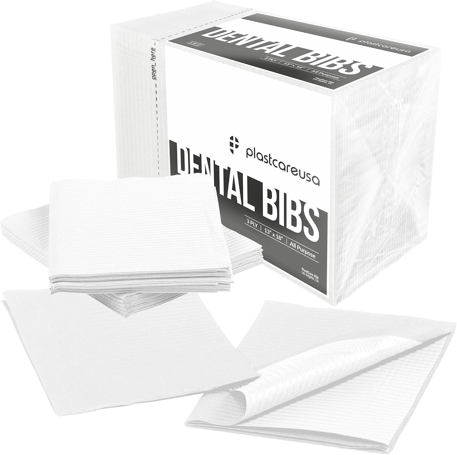 PlastCare USA Disposable Dental Bibs 13"x18" - 3 Ply Waterproof Tattoo Bib Sheet for Patients - Dentist or Medical Tray Cover and Nail Table Cover Supplies, White