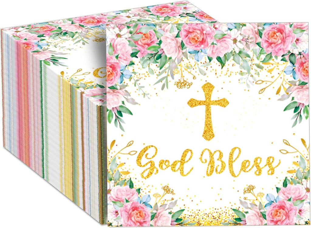 100Pcs God Bless Flower Napkins Baptism Paper Napkins Pink Floral Disposable Napkin First Holy Communion Party Decors for Mi Bautizo Christening Celebration Baby Shower Religious Party Supplies
