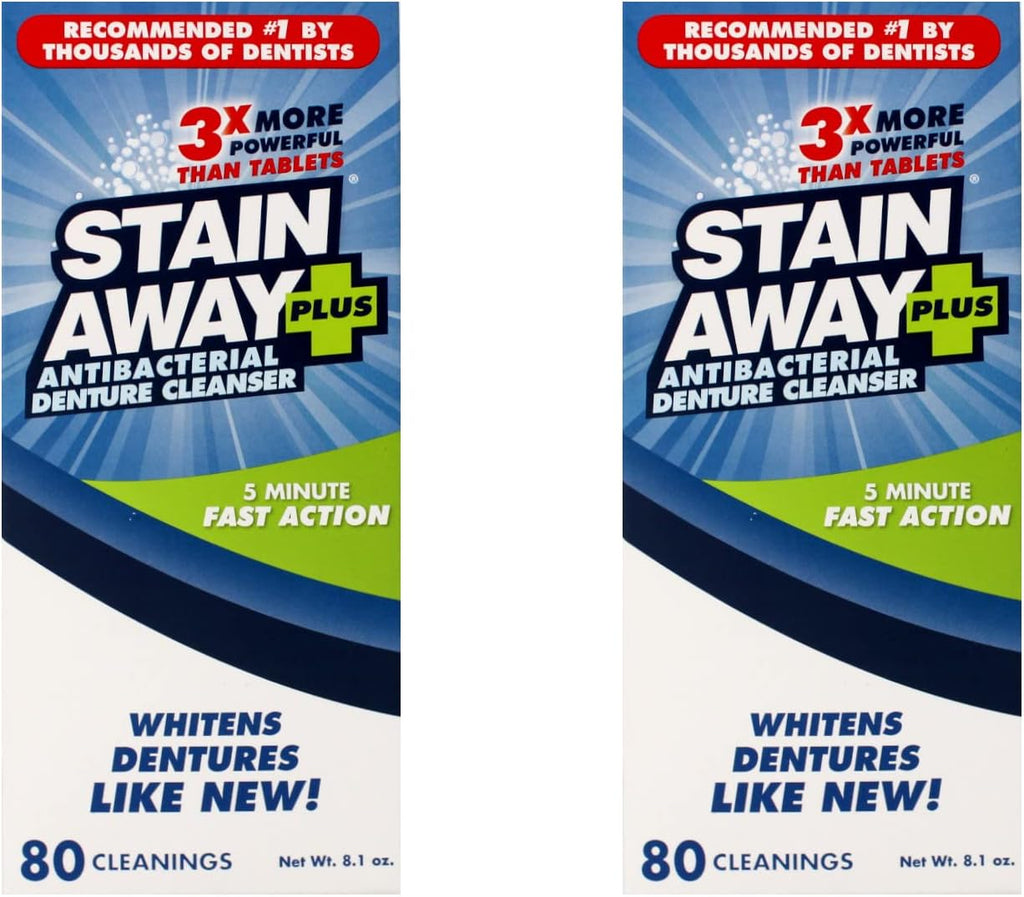 Stain Away Plus Antibacterial Denture Cleanser, 3X More Powerful Than Tablets, Whitens Dentures Like New, 5 Minute Fast Action, Clean Mint Taste, 80 Cleanings, 8.1 oz (Pack of 2)