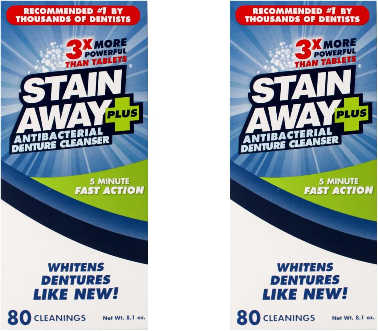 Stain Away Plus Antibacterial Denture Cleanser, 3X More Powerful Than Tablets, Whitens Dentures Like New, 5 Minute Fast Action, Clean Mint Taste, 80 Cleanings, 8.1 oz (Pack of 2)