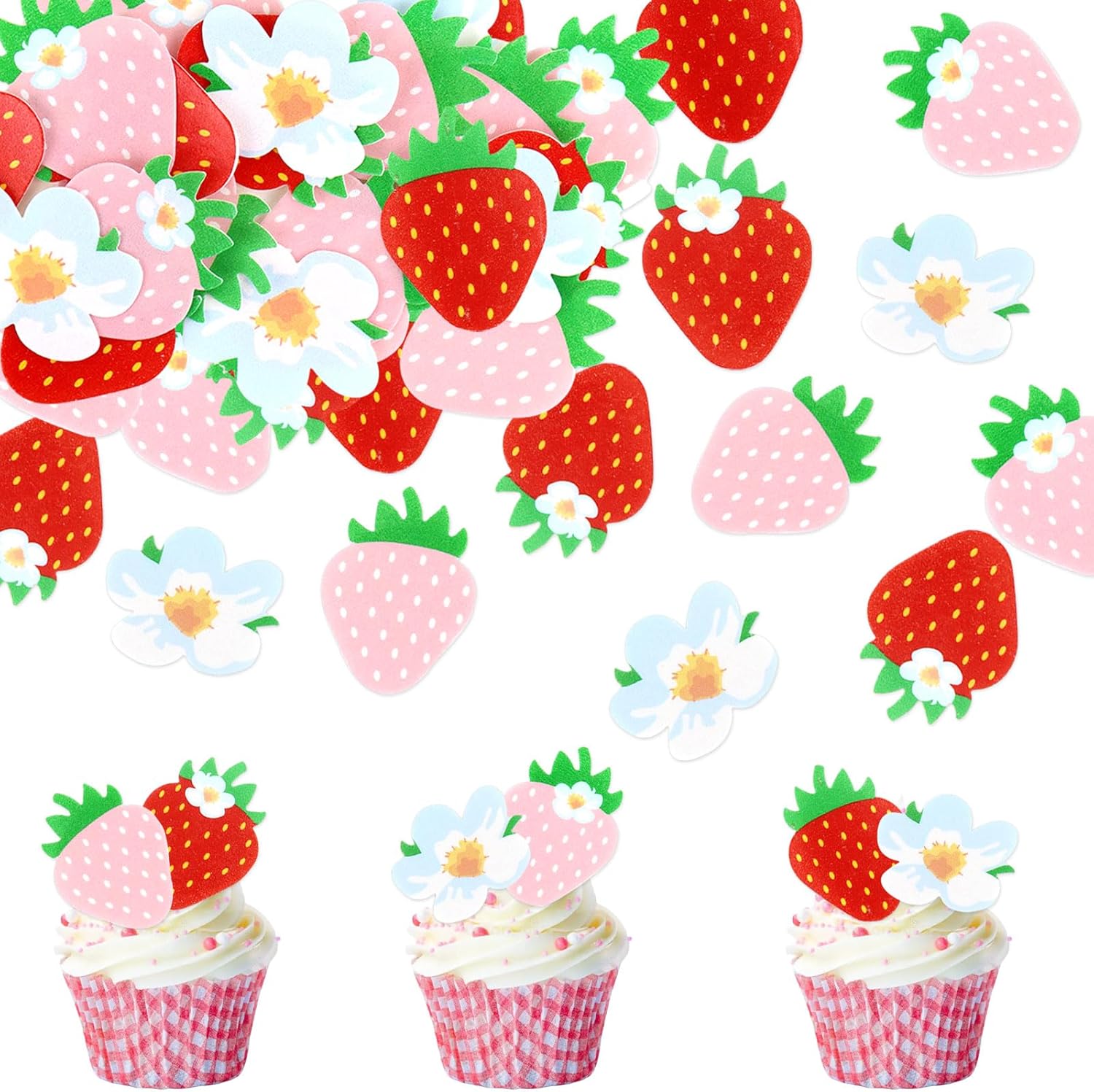 40Pcs Edible Pink Strawberry Cupcake Toppers Red Starwberry Flowers Cupcake Picks Strawberries Drink Toppers for Baby Shower Boys Girls Birthday Cake Decors Sweet Fruit Party Decorations