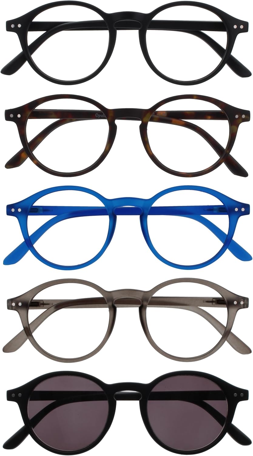 OPULIZE REY Reading Glasses and Reading SunGlasses for Women Men, Round Frame with Spring Hinges, Matte Black, Brown, Blue, Grey, Black +1.00 (Pack of 5)