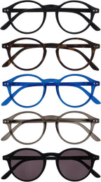 OPULIZE REY Reading Glasses and Reading SunGlasses for Women Men, Round Frame with Spring Hinges, Matte Black, Brown, Blue, Grey, Black +2.50 (Pack of 5)