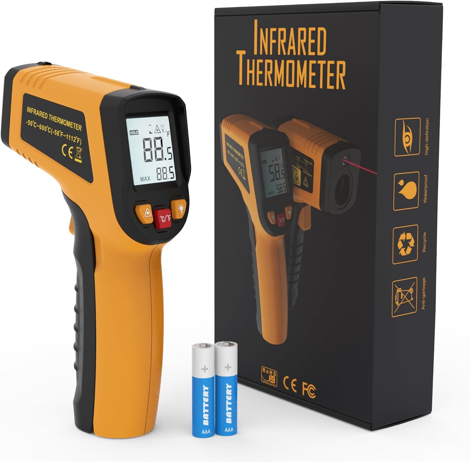 KNINE OUTDOORS Infrared Thermometer Laser Temperature Gun, -58℉ to 1112℉, Single Laser Targeting, Distance to Spot Ratio 12:1, for Cooking, Oven and Meat (Orange)