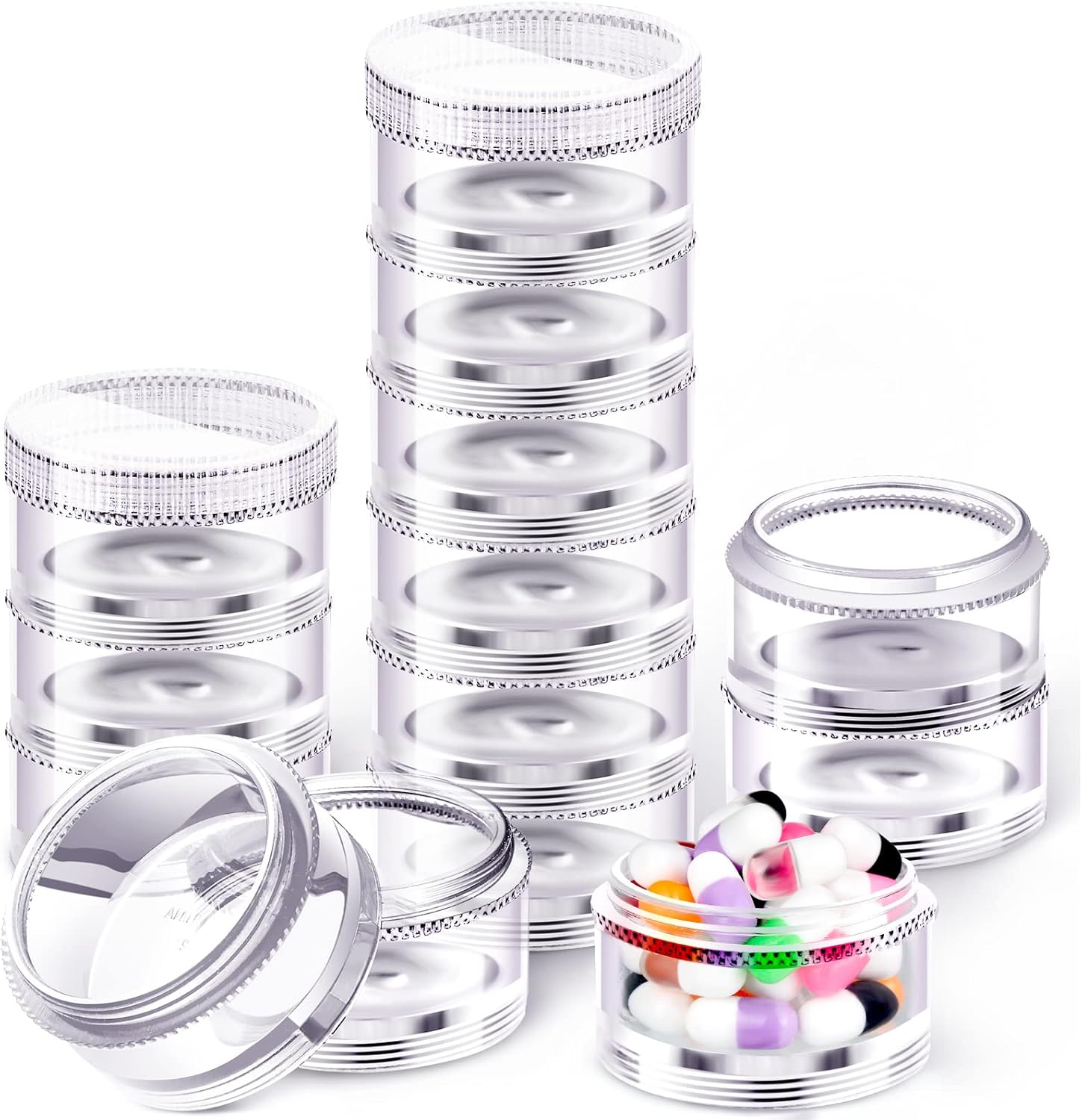 Sieral 2 Pack 7 Day Stackable Pill Organizers Round Pill Organizer Case Stackable Weekly Supplements Vitamins Individual Storage Container Boxes Holder Dispenser with Lids for Travel Medicine, Clear